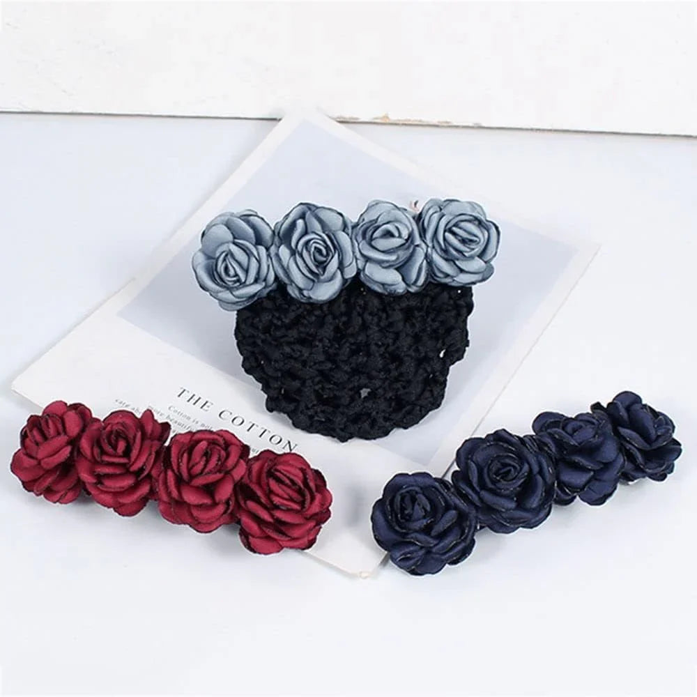 Rose Flower Hair Bun Net With Clip