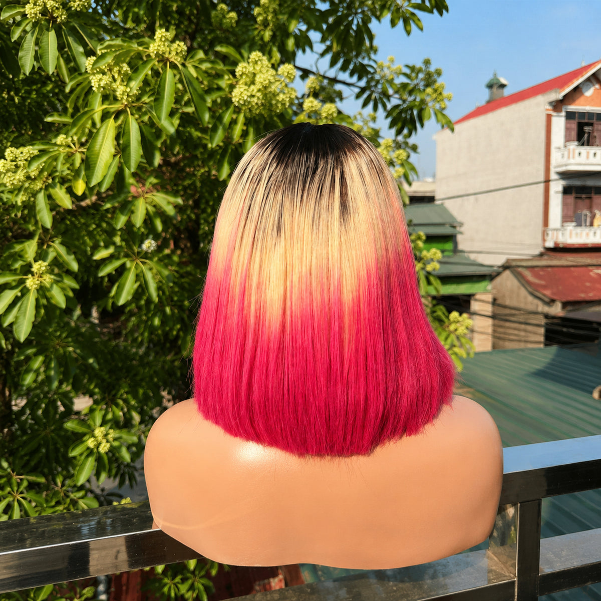 Pink Blonde Ombre Bone Straight Wig
