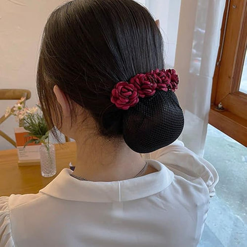 Rose Flower Hair Bun Net With Clip