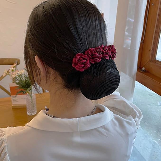 Rose Flower Hair Bun Net With Clip